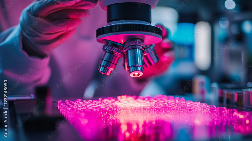 Poster high tech microscope inspecting bioprinted cells in lab