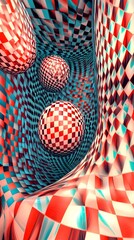 Fototapeta premium Abstract Checkered Tunnel: Three red and white checkered spheres descend into a swirling vortex of teal and red checkered patterns, creating an optical illusion of depth and movement. 