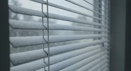 Obraz premium Snow Covered Venetian Blinds Winter Window View