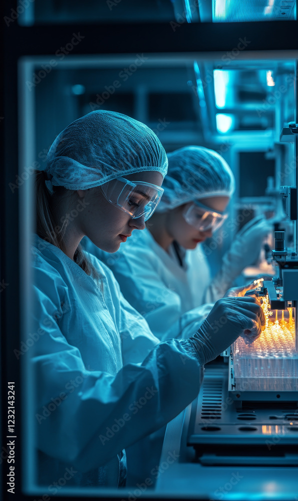 Poster laboratory technicians working with bioprinted cells high tech lab