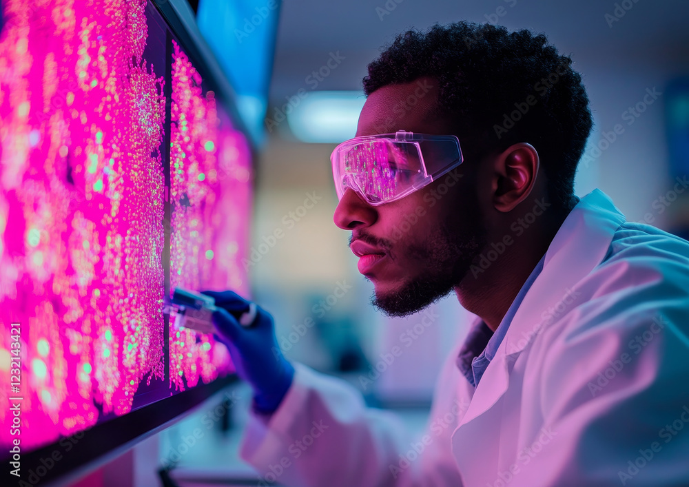 Poster technician analyzing bioprinted cells on high tech display