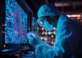 Technician inspecting bioprinted cells in high tech lab