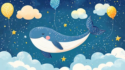 Lovely hand-drawn vector illustration of a cute whale swimming in the sky with colorful balloons, clouds, and a moon, perfect for kids' wallpaper or baby room decor. 