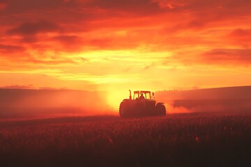 Fototapeta premium Silhouette of Tractor Working a Field at Sunrise/Sunset with Fiery Sky