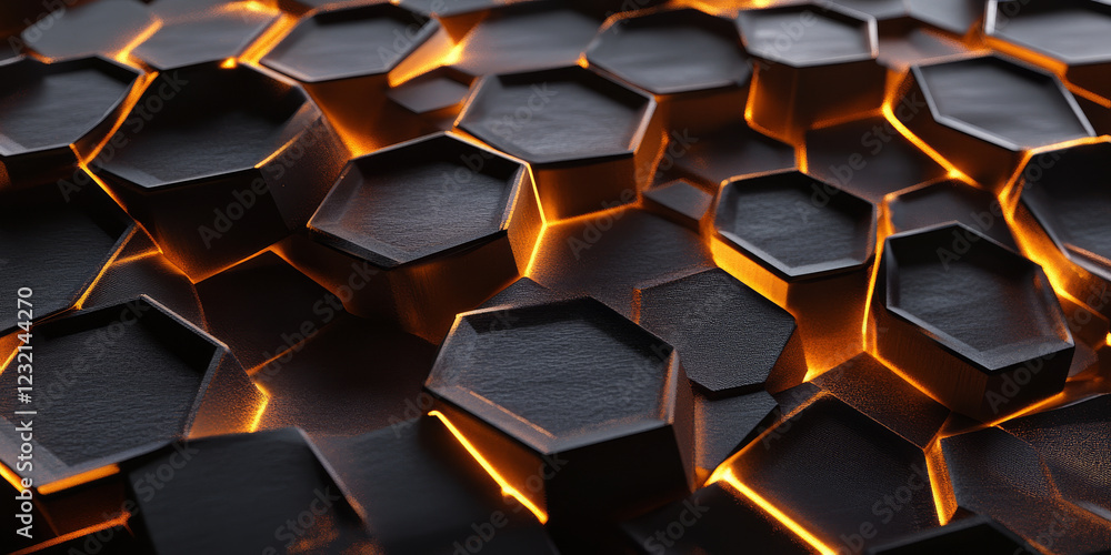Poster dark plum hexagonal metallic texture accented by warm golden light lines. a rich and elegant 3d grid