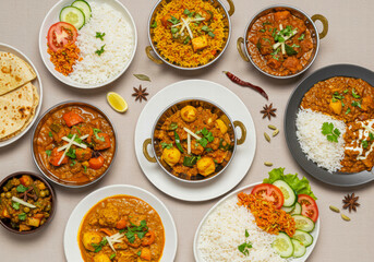 Colorful Collection of Indian Curry and Rice Dishes Shot from Above, Showcasing Traditional and Rich Culinary Flavors