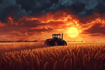 Fototapeta premium Tractor in a Golden Wheat Field at Sunset