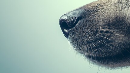 Close up of a dog's nose highlighting its wet truffle and sensitive whiskers, capturing the essence of canine and exploring themes of animal senses, veterinary care, and the beauty of nature