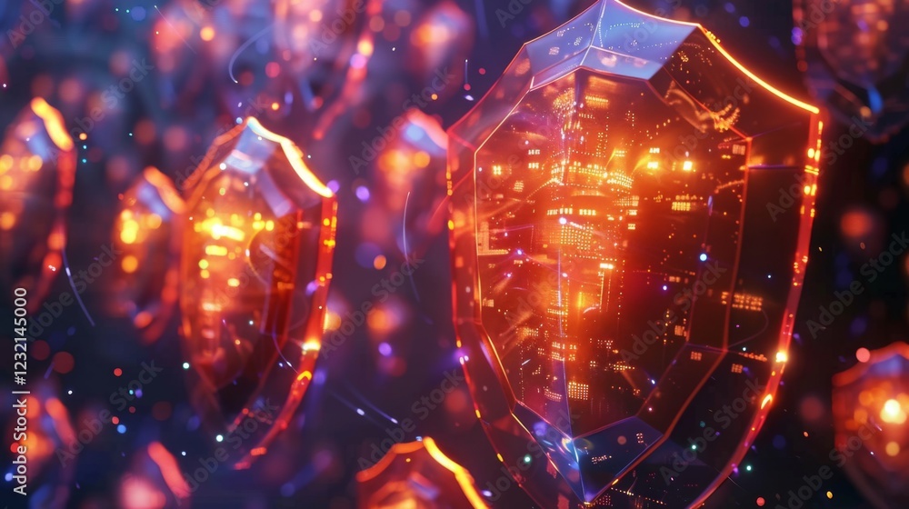 Poster futuristic digital shields hover in a dark environment, illuminated by warm orange light, revealing 