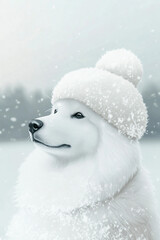 Fototapeta premium Snowy dog wearing a cozy white hat in a winter landscape with gentle snowfall