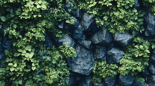 Stone Wall with Lush Greenery: A textured image showcases a rugged stone wall densely covered with vibrant green foliage, creating a striking contrast between the organic and the inorganic.
