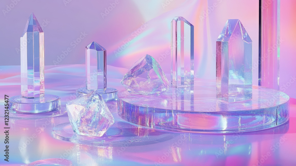 Poster realistic set of 3d transparent platforms isolated on background. vector illustration of triangle, c