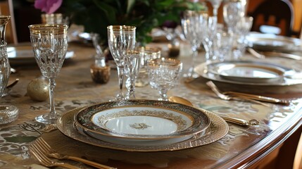 Elegant dining table setting, floral background, luxury home, holiday dinner