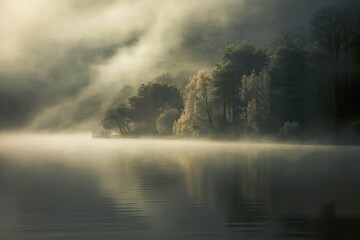 Fototapeta premium mystical scene of trees partially hidden by a thick, eerie fog