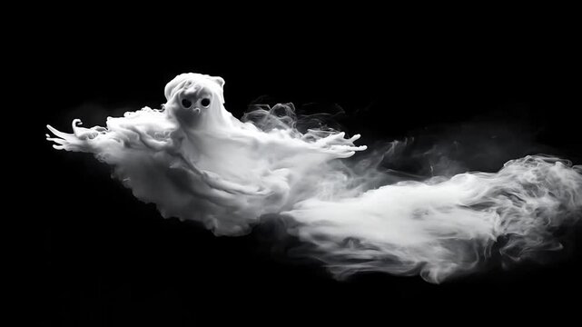 Eerie ghostly figure materializing from swirling smoke on black background