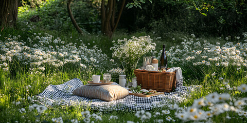Serene outdoor picnic setting with flowers