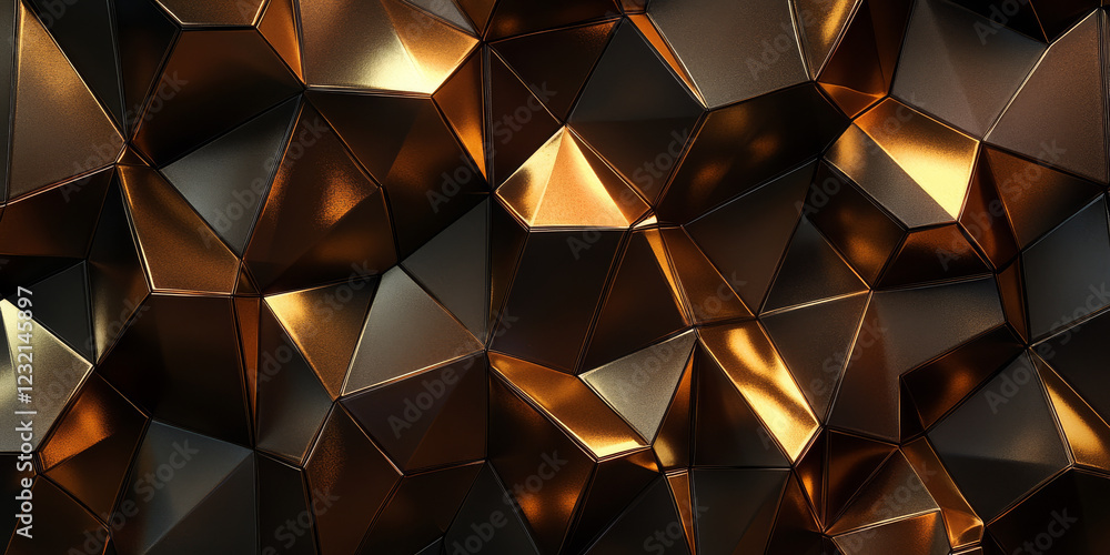 Poster dark copper hexagonal metal texture with radiant golden light patterns. a warm and bold 3d geometric