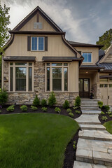 Luxury Modern Home Exterior with Stone and Wood Design. Beautiful landscaping and a welcoming entrance. Real Estate Photography