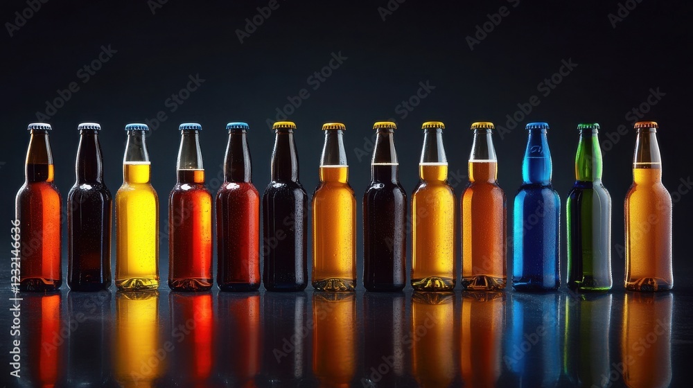Poster a cinematic lineup of multicolored beer bottles glowing on a reflective surface