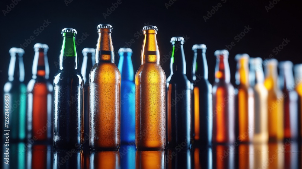 Poster a cinematic lineup of multicolored beer bottles glowing on a reflective surface