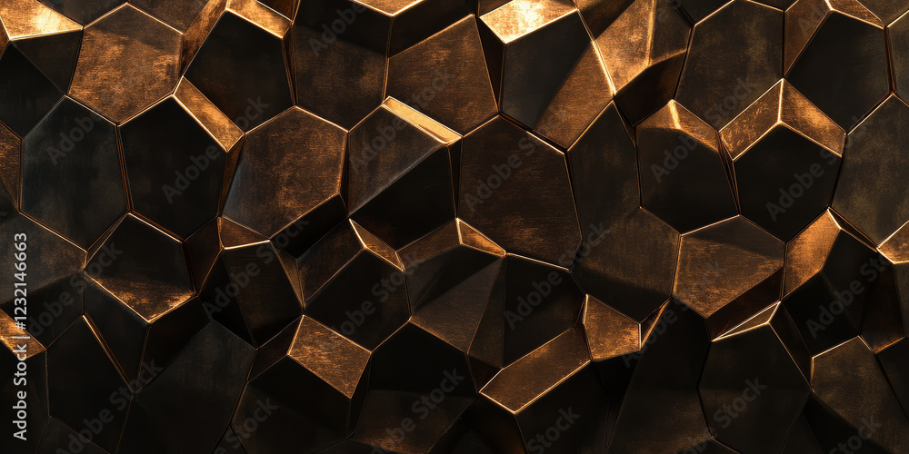 Aufkleber dark copper hexagonal metal texture with radiant golden light patterns. a warm and bold 3d geometric