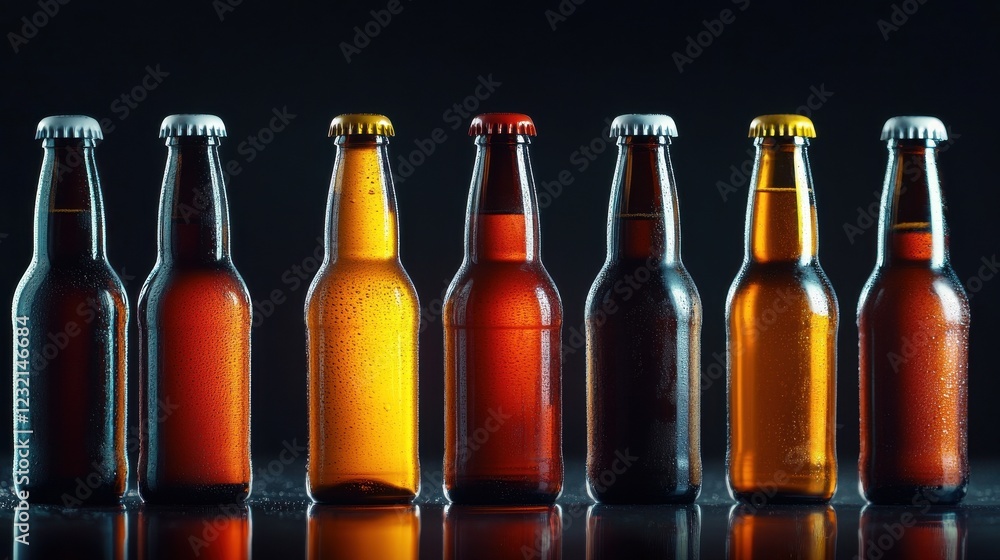 Poster a cinematic lineup of multicolored beer bottles glowing on a reflective surface
