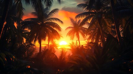 Obraz premium A vibrant sunset peeks through lush palm trees, creating a serene tropical atmosphere.