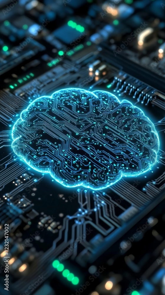 Poster circuit board forming a glowing digital brain, symbolizing artificial intelligence, machine learning