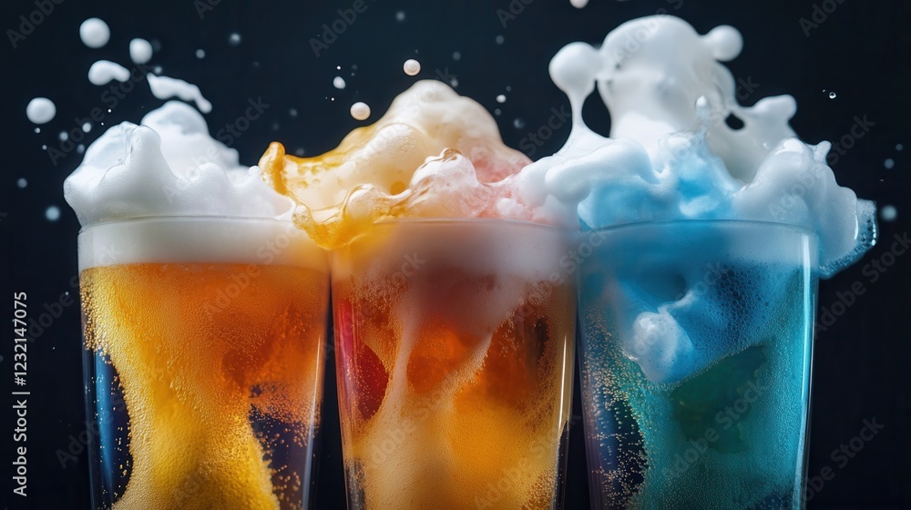 Poster a close-up of multicolored beer foam bubbling in transparent glasses