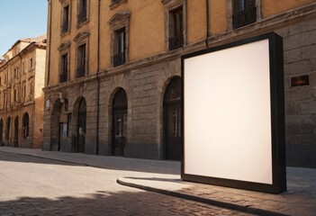 Blank White Billboard on City Sidewalk – Modern Advertising Space – Black Frame, Urban Background, Classical Architecture – Ideal for Branding, Marketing, Outdoor Ads. Ai generated image.