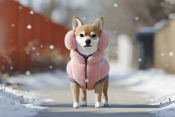 Cuddly shiba inu wearing a warm pink coat and earmuffs walks down a snowy path in winter