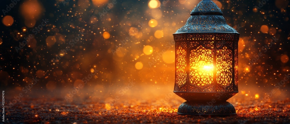 Poster a glowing lantern sits on a sparkly surface, casting a warm, magical light against a bokeh backgroun