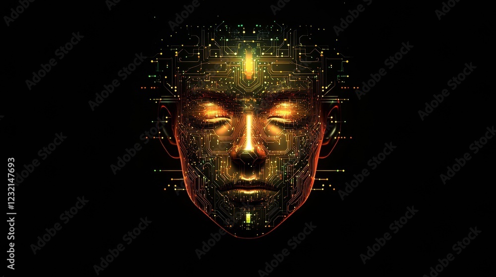 Poster artificial intelligence forming a face with electronic circuits