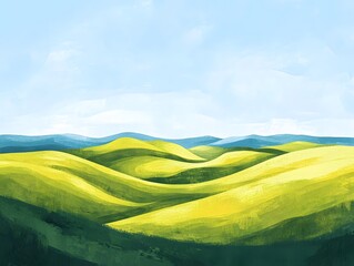 Obraz premium Rolling Hills of Gold: A vibrant landscape painting depicting sun-drenched, rolling hills in shades of golden yellow and lush green, under a bright blue sky.