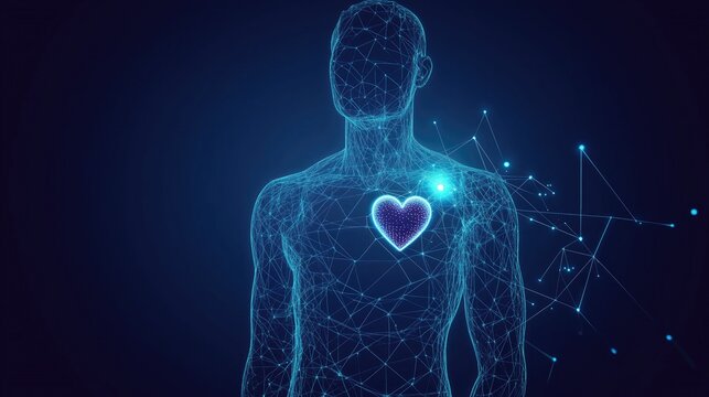 Digital wire - frame human figure with glowing heart symbol and network connections.
