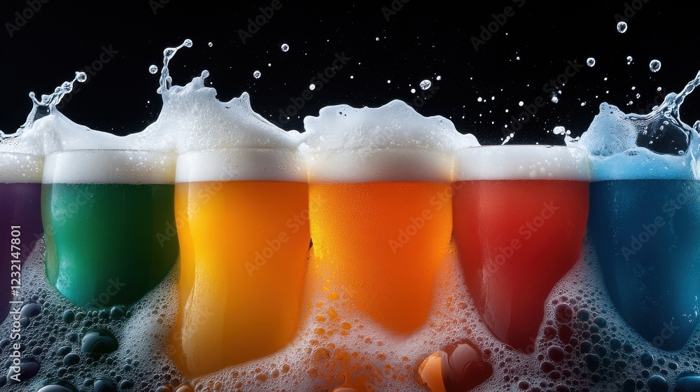 Poster a dramatic close-up of frothy beer in glasses of assorted colors
