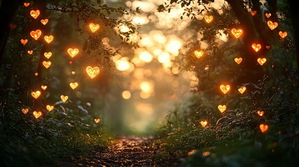Naklejka premium Enchanting Heart Lights Adorn A Magical Forest Path