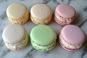 Obraz premium Macarons (France) A colorful assortment of French macarons neatly arranged on a marble surface.Macarons (France) A colorful assortment of French macarons neatly arranged on a marble surface.