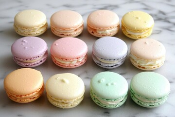 Obraz premium Macarons (France) A colorful assortment of French macarons neatly arranged on a marble surface.Macarons (France) A colorful assortment of French macarons neatly arranged on a marble surface.