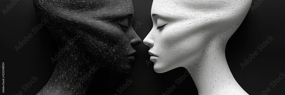 Poster black and white figures engage in an intimate moment of connection in a minimalist setting