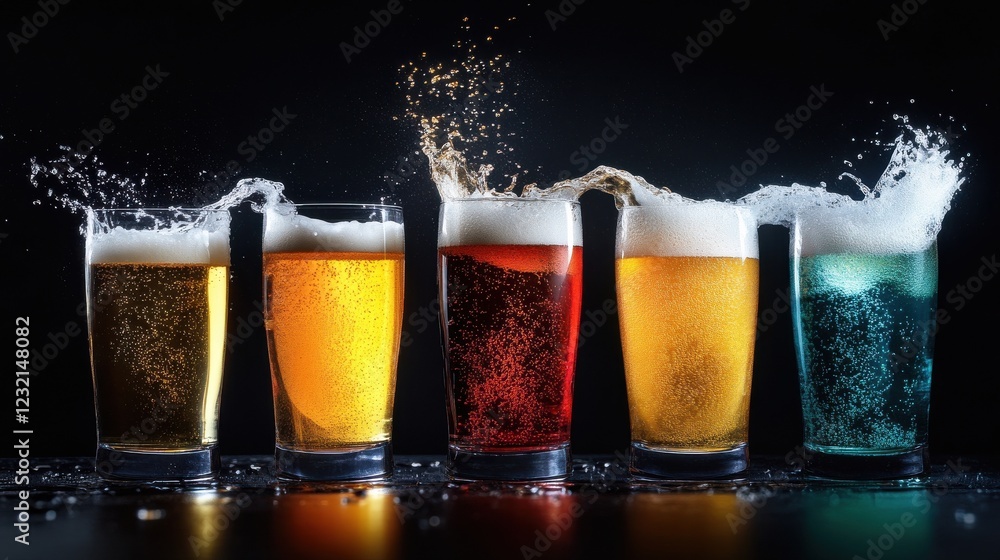 Poster a dynamic beer pouring shot capturing glowing foam in assorted-colored glasses