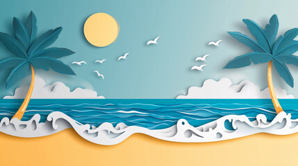 Obraz premium Sunny beach with palm trees and waves with Paper cut out effect