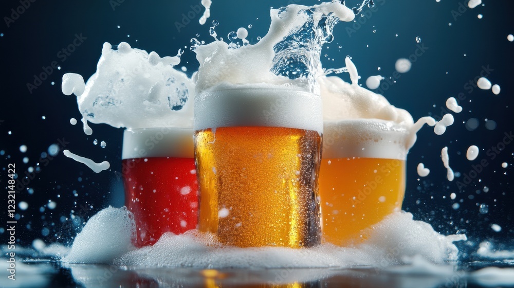 Poster a dynamic beer pouring shot capturing glowing foam in assorted-colored glasses
