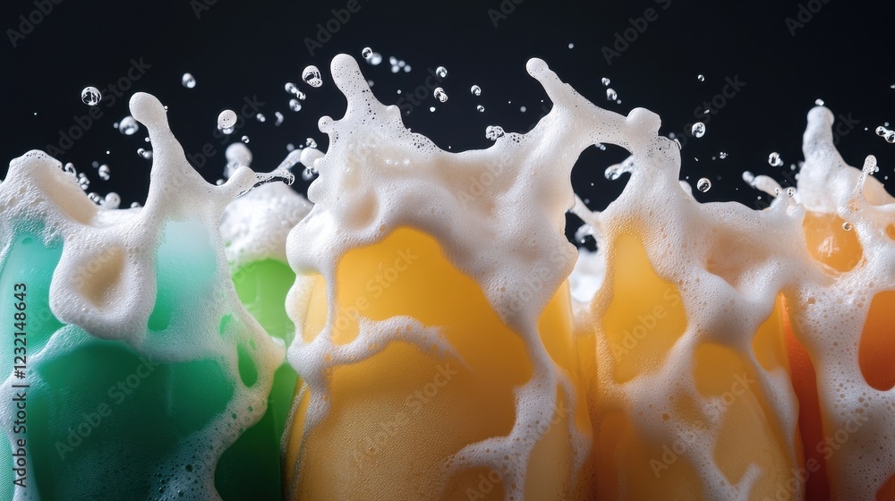 Aufkleber A dynamic close-up of beer foam cascading in glasses of assorted colors