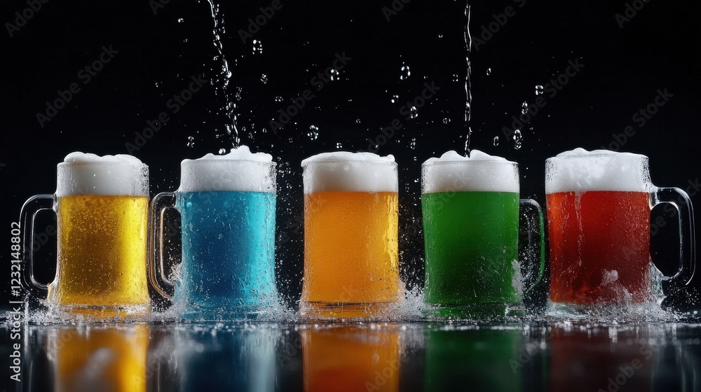 Poster a dynamic shot of beer being poured into frosted mugs in assorted colors