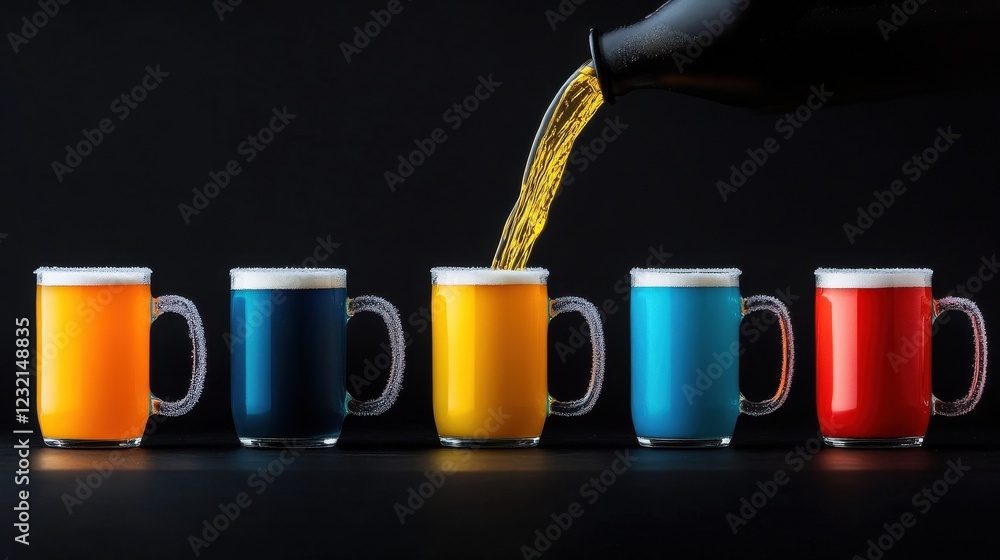 Poster a dynamic shot of beer being poured into frosted mugs in assorted colors