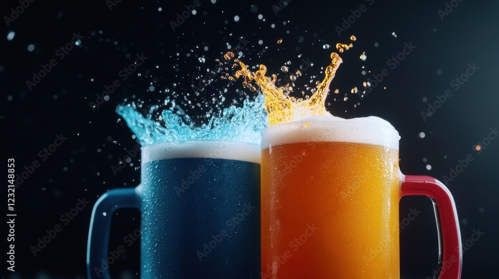Poster a dynamic shot of beer pouring into vibrant mugs with glowing foam