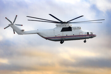 Main rotor system russian aviation helicopter combination of several rotary wings rotor blades colorful clouds
