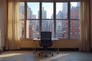 Fototapeta premium Modern office with city view, desk, chair, sunlight, windows, curtains.