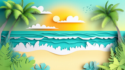Fototapeta na wymiar Sunny beach with palm trees and waves with Paper cut out effect